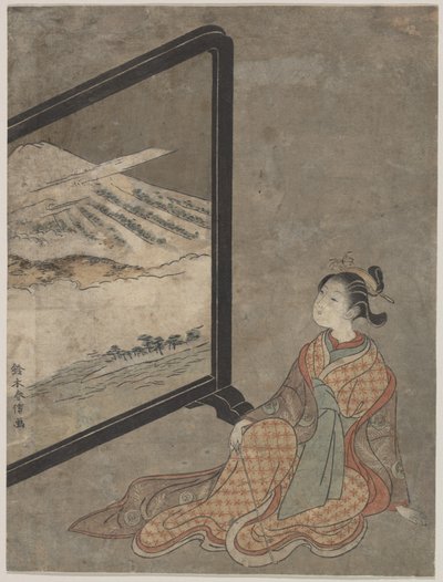 Joven con una pipa en la mano contemplando un paisaje pintado en un biombo de Suzuki Harunobu