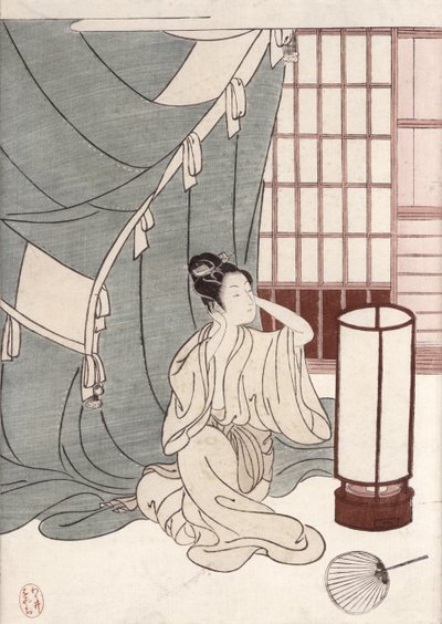 Joven arrodillada junto a su mosquitero, 1766 de Suzuki Harunobu