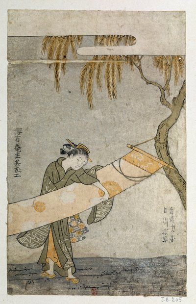 Joven mujer atendiendo un kakemono atado a un árbol de Suzuki Harunobu