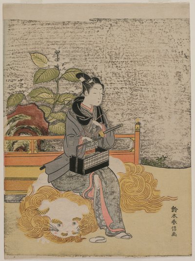 Juventud representando a Monju, dios de la sabiduría en un león, c. 1767 de Suzuki Harunobu