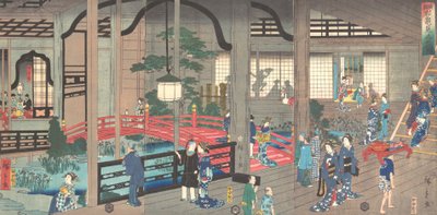 El interior de la casa de té Gankiro en Yokohama, abril de 1861 de Suzuki Hiroshige
