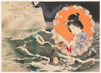 Ilustración del frontispicio (kuchi-e) para el volumen 1 de la novela Asahizakura de Murai Gensai de Suzuki Kason