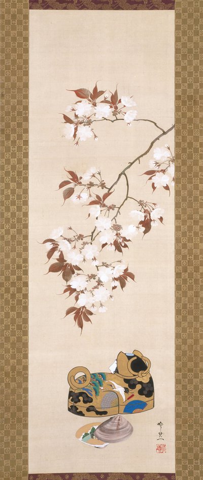 Cherries And Dog-Shaped Box (tinta, color y oro sobre seda) de Suzuki Kiitsu