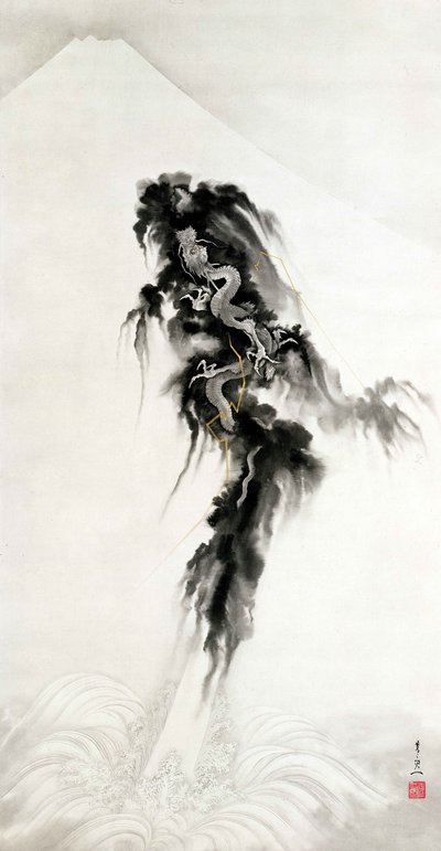 Rising dragon and Mt Fuji (tinta y oro sobre papel) de Suzuki Kiitsu