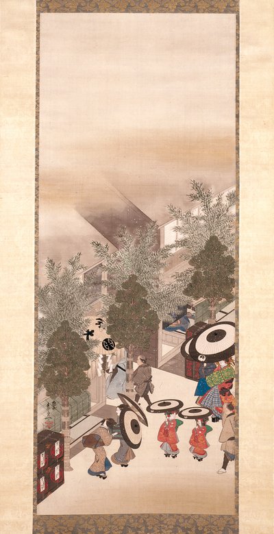 Yoshiwara y Shinagawa (tinta, color y oro sobre seda) de Suzuki Kiitsu