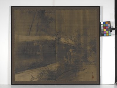 Tanuki Under A Bridge ( tinta sobre seda con algo de naranja, oro y plata) de Suzuki Shōnen