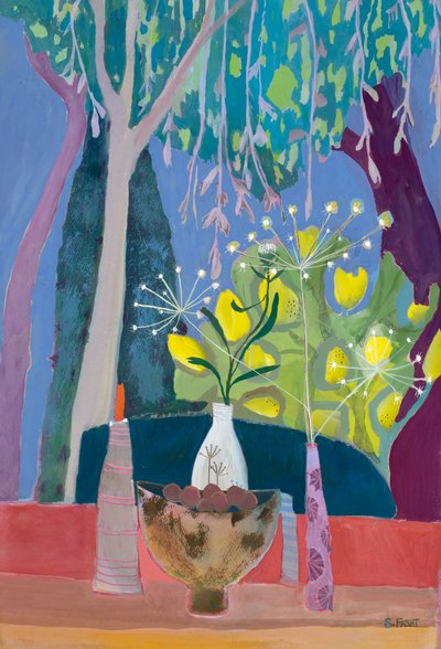 Naturaleza muerta con cuenco y tres jarrones con un fondo de árboles, 2018 (gouache) de Suzy Fasht