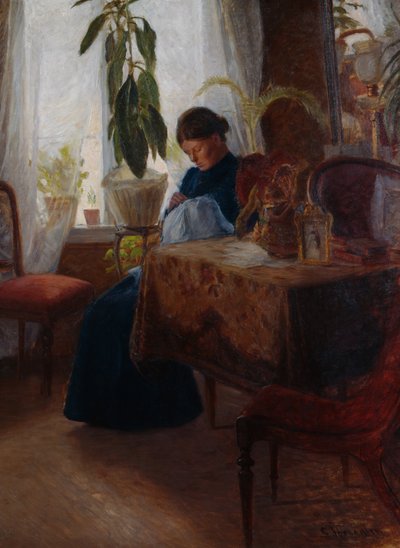Interior con mujer cosiendo de Sven Jorgensen