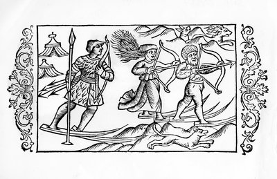 Caza con esquí en Finlandia - en "De Gentibus septrionalibus" del Arzobispo Olaus Magnus, Suecia de Swedish School
