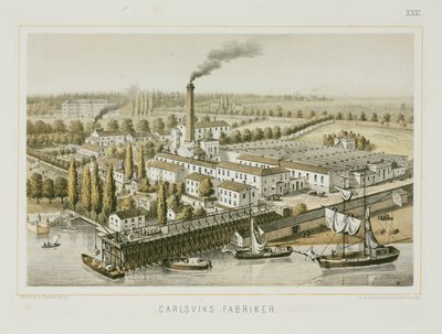 Fábrica textil, Carlsviks, Estocolmo, Suecia, c.1840 (litografía en color) de Swedish School