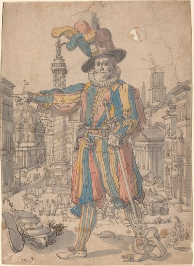 Giovanni Grosso de la Guardia Suiza ante una vista de Roma de Swiss 17th Century after Francesco Villamena