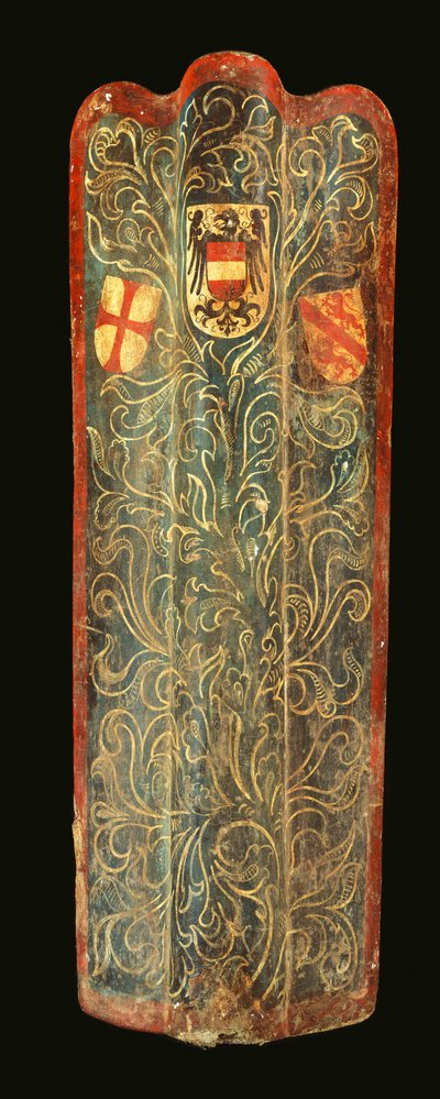 Un raro pavés suizo de madera cubierto con lienzo pintado de gesso con diseño de follaje verde en espiral y los escudos de armas de Habsburgo, la Liga de San Jorge y la ciudad de Winterthur, c.1445 de Swiss School