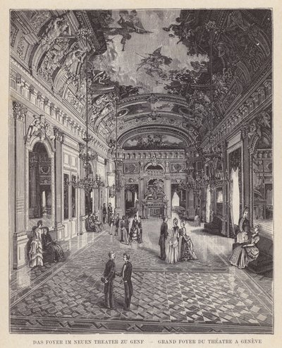 El vestíbulo en el nuevo teatro de Ginebra, Gran vestíbulo del teatro en Ginebra (grabado) de Swiss School