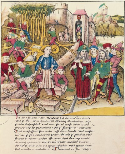 Fundación de la ciudad de Berna en 1191, miniatura de Spiezer Bilderchronik, Suiza de Swiss School