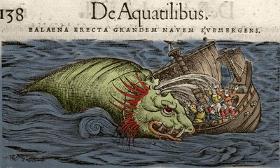 Monstruo marino atacando un barco, ilustración de 