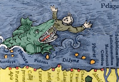 Monstruo marino comiendo a un humano, ilustración de 