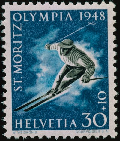 Sello conmemorativo de los Juegos Olímpicos de Invierno de 1948 de Swiss School