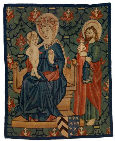 Fragmento de tapiz que representa a la Virgen con el Niño y Santiago de Swiss School