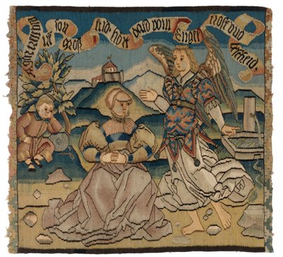 Panel de tapiz que representa a Agar y el ángel de Swiss School