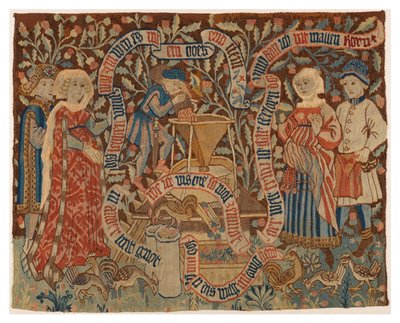 Panel de tapiz que representa al Molinero Deshonesto, de Basilea de Swiss School