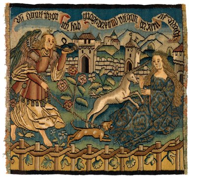 Panel de tapiz que representa la Caza del Unicornio de Swiss School