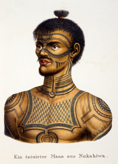 Hombre tatuado de Nukahiwa, del Estudio etnológico de varios tipos raciales de varios continentes, por C.I. Brodtmann, publicado en 1824 de Swiss School