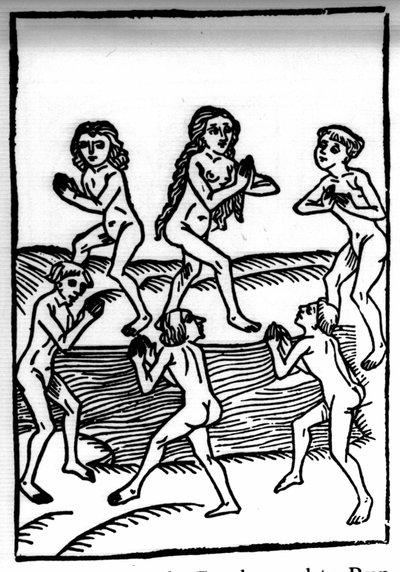 La leyenda de San Brendan (Brandan), héroe y santo irlandés del siglo VI. Pecadores condenados. Grabado de “Die Wunderbare Meerfahrt des Hl. Brandan.” Bale de Swiss School