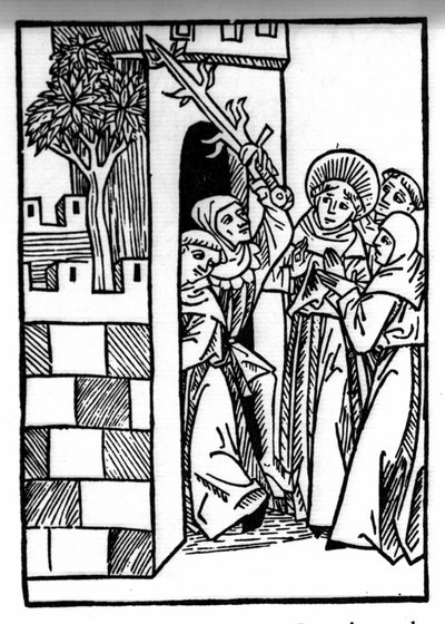 La leyenda de San Brendan (Brandan), héroe y santo irlandés del siglo VI. Uno de los monjes es encarcelado. Grabado de "Die Wunderbare Meerfahrt des Hl. Brandan." Bale de Swiss School