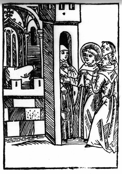La leyenda de San Brendan (Brandan), héroe y santo irlandés del siglo VI. Uno de los monjes roba un cáliz. Grabado de “Die Wunderbare Meerfahrt des Hl. Brandan”. Bale de Swiss School