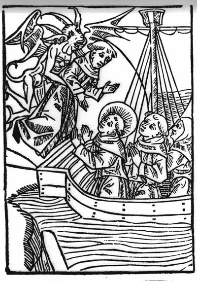 La leyenda de San Brendan (Brandan), héroe y santo irlandés del siglo VI. La oración de San Brendan salva al monje pecador. Grabado de “Die Wunderbare Meerfahrt des Hl. Brandan”. Bale de Swiss School