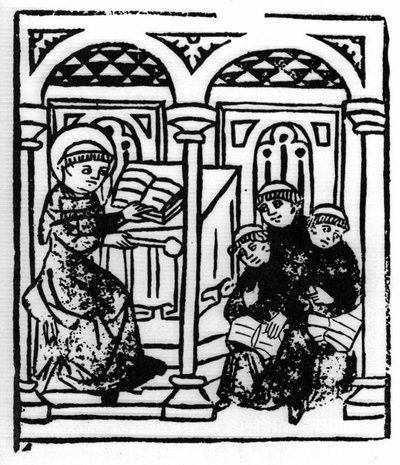 La leyenda de San Brendan (Brandan), héroe y santo irlandés del siglo VI. El santo relata las maravillas del mar a sus compañeros del monasterio. Grabado de "Die Wunderbare Meerfahrt des Hl. Brandan." Bale de Swiss School