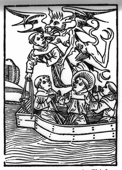 La leyenda de San Brendan (Brandan), héroe y santo irlandés del siglo VI. El diablo se lleva al monje ladrón. Grabado de 