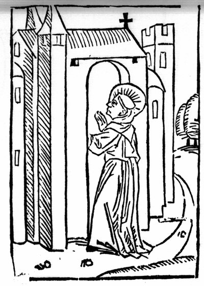 La leyenda de San Brendan (Brandan), héroe y santo irlandés del siglo VI. El regreso del santo a su monasterio. Grabado de "Die Wunderbare Meerfahrt des Hl. Brandan". Bale de Swiss School