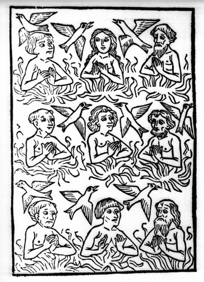 La leyenda de San Brendan (Brandan), héroe y santo irlandés del siglo VI: Los fuegos del Purgatorio y los pájaros de fuego. Grabado de "Die Wunderbare Meerfahrt des Hl. Brandan". Bale de Swiss School