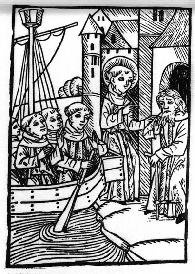 La leyenda de San Brendan (Brandan), héroe y santo irlandés del siglo VI. El santo se encuentra con el antiguo Haylbray y entiende que ha regresado a Escocia. Grabado de “Die Wunderbare Meerfahrt des Hl. Brandan.” Bale de Swiss School