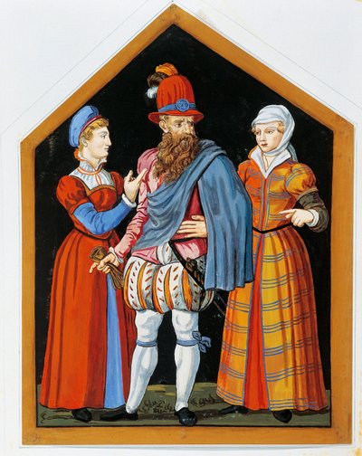“Dos prostitutas y el proxeneta” Pintura anónima del siglo XVI de Swiss School