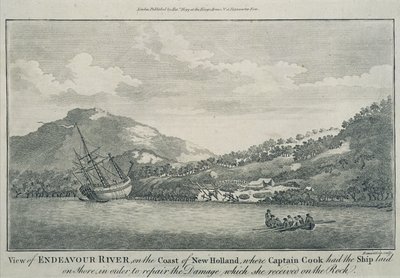 El Capitán Cook, habiendo naufragado en su viaje alrededor del mundo, repara el Endeavour en un puerto de una de las Islas de la Esperanza, c.1786 (grabado) de Sydney (after) Parkinson