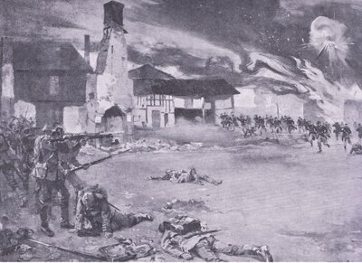 Lucha callejera en la frontera franco-alemana: Un ataque francés a la guardia prusiana, de Historia de la Gran Guerra Vol 3 publicado por Waverley Book Co Limited, c.1920 de Sydney Adamson
