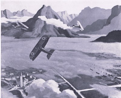 Exploradores británicos saliendo de su aeródromo en patrulla sobre el Plateau de Asiago, Italia, de Aventura Británica publicado por Collins, 1947 de Sydney Carline