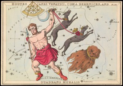 Bootes Canes Venatici, Coma Berenices y Quadrans Muralis, c.1825 (cartulina, papel, tejido) de Sydney Hall