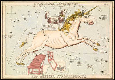 Monoceros, Canis Minor y Atelier Typographique, c.1825 (cartulina, papel, tejido ) de Sydney Hall