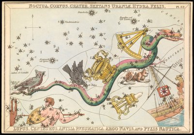 Noctua, Corvus, Crater, Sextans Uraniae, Hydra, Felis, Lupus, Centaurus, Antilia Pnuematica, Argo Navis y Pysix Nautica, c.1825 (cartulina, papel, tejido) de Sydney Hall