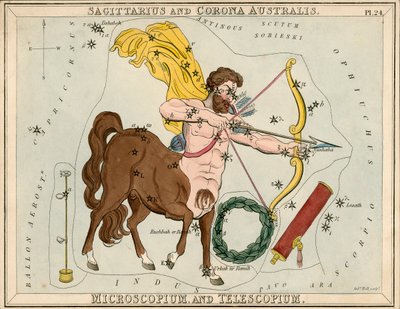 Sagitario y Corona Australis. Microscopium y Telescopium., c.1825 (cartulina, papel, tejido) de Sydney Hall