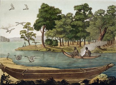 Método de Navegación en Nueva Holanda, grabado por F. Fumagalli, ilustración de una colección de libros de viajes de principios del siglo XIX de Sydney Parkinson