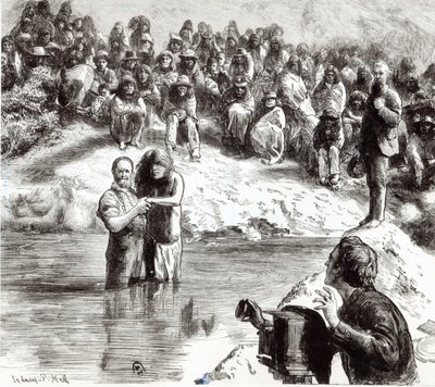 Un bautismo de indios norteamericanos - Mormones posando como apóstoles de Cristo, 1892 de Sydney Prior Hall