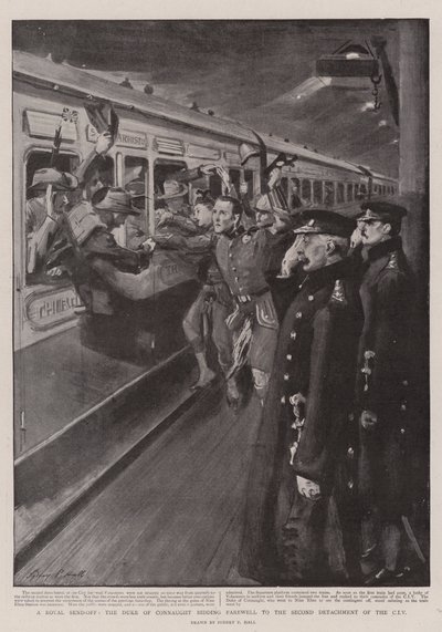 Una despedida real, el Duque de Connaught despidiendo al segundo destacamento del CIV de Sydney Prior Hall