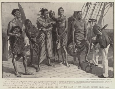 Venta de una cabeza viva, una escena a bordo de un barco frente a la costa de Nueva Zelanda hace setenta años de Sydney Prior Hall