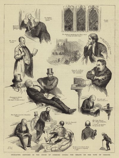 Bocetos de personajes en la Cámara de los Comunes durante el debate sobre el voto de censura de Sydney Prior Hall