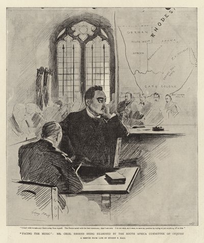 Enfrentando la música, el Sr. Cecil Rhodes siendo examinado por el Comité de Investigación de Sudáfrica de Sydney Prior Hall