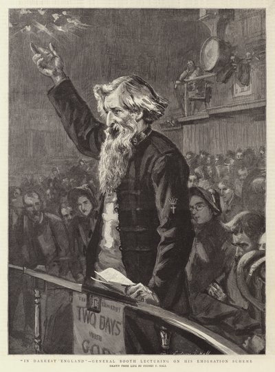 En la Inglaterra Más Oscura, el General Booth dando una conferencia sobre su Esquema de Emigración de Sydney Prior Hall